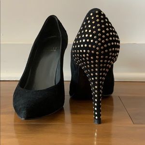 Stuart Weitzman black suede gold studded heels